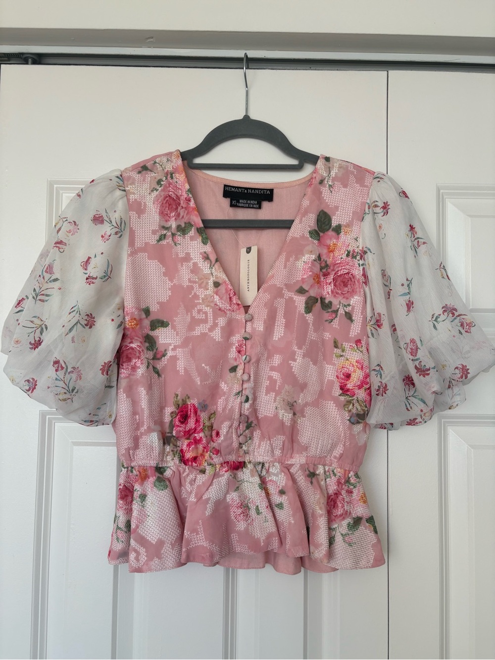 Anthropologie Pink Floral Puff-Sleeve Peplum Blouse